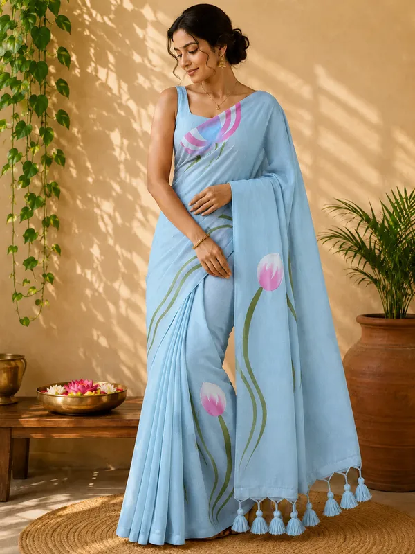 Sky_Blue_Mul_Cotton_Hand_Painted_Tulip_Tassel_Saree_For_Women