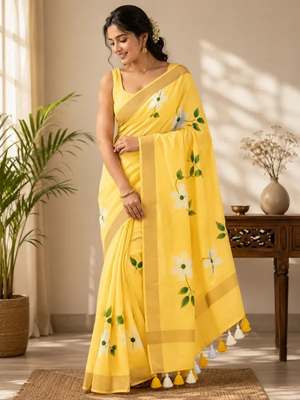 Yellow_Off_White_Mul_Cotton_Floral_hand_painted_Saree_For_Women