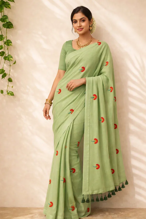 Light_Green_Mul_Cotton_Embroidered_Tassel_Saree_For_Women