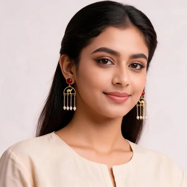 Caravan_Red_Stone_Camel_Motif_Pearl_Earrings_For_Women