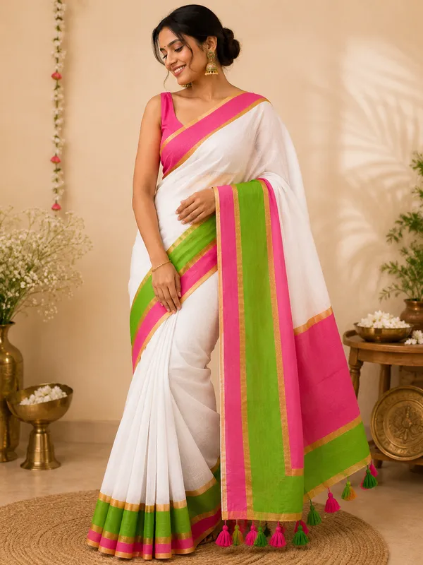 Off_White_Green_Pink_Mul_Cotton_Zari_Border_Pooja_Cloth