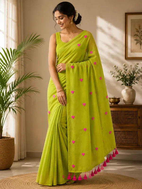 Light_Green_Mulcotton_Heart_Embroidered_Tassel_Saree_For_Women