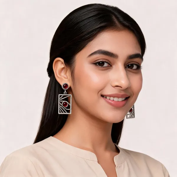 Malay-_Silver_German_Silver_Red_Stone_Geometric_Drop_Earrings_For_Women