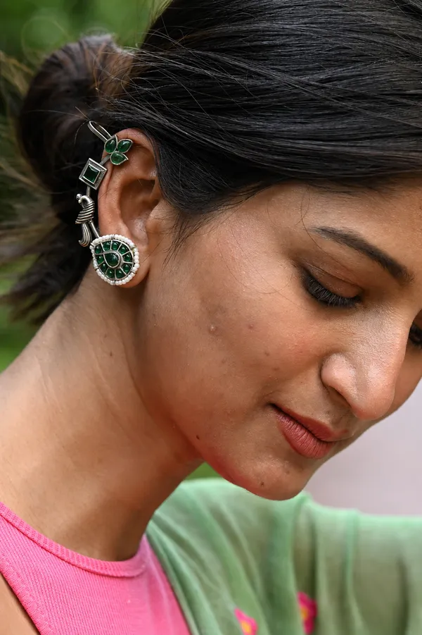 Oxidized_Silver_Green_Stone_Peacock_Ear_Cuff_Earrings_For_Women