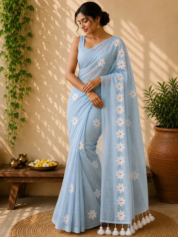 Pastel_Sky_Mul_Cotton_Floral_Embroidered_Pom_Pom_Saree_For_Women
