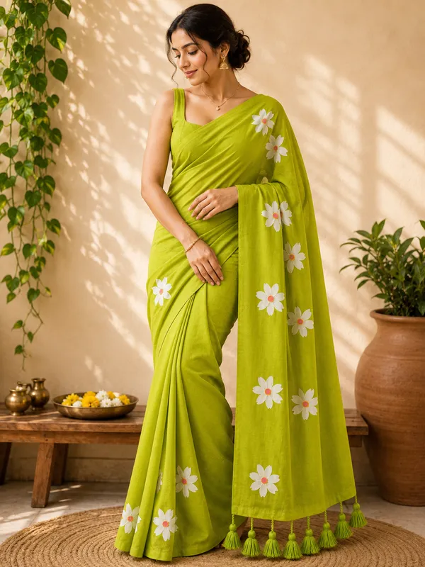 Light_Green_Mul_Cotton_Floral_Print_Tassel_Saree_For_Women