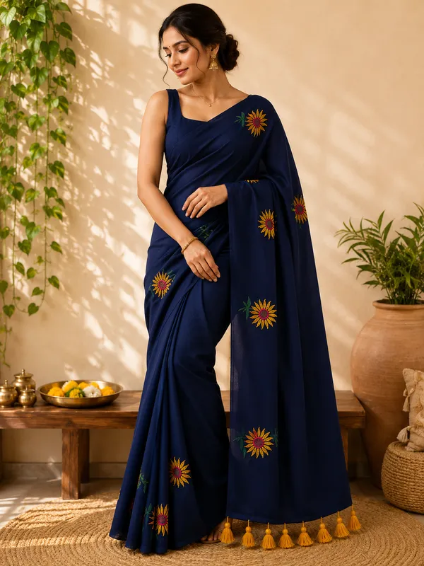 Navy_Mul_Cotton_Sunflower_Embroidered_Tassel_Saree_For_Women
