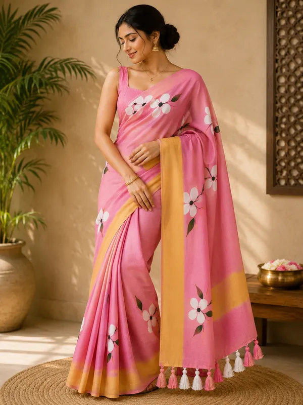 Pink,_White_Mul_Cotton_Floral_hand_painted_Saree_For_Women