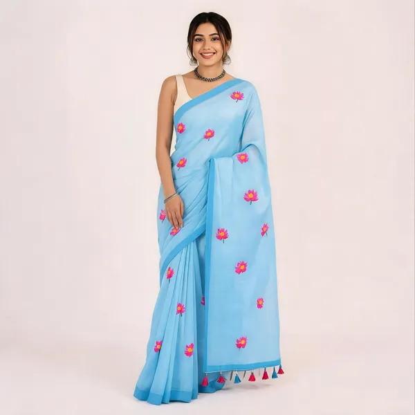 Sky_Blue_Mul_Cotton_Lotus_Embroidered_Tassel_Saree_For_Women