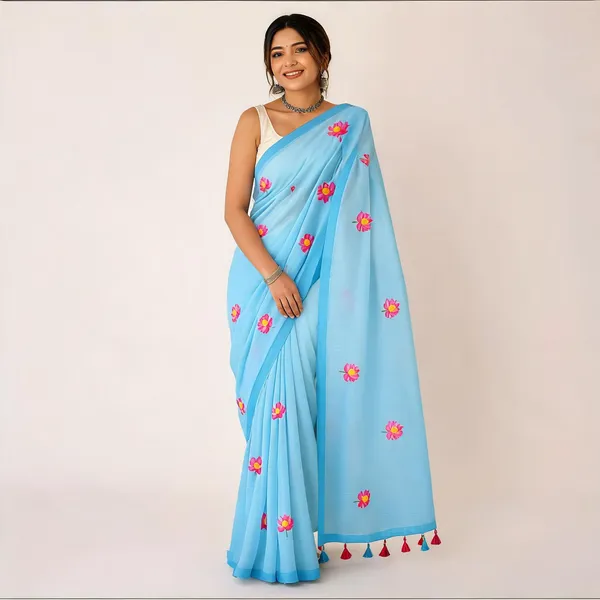 Sky_Blue_Mul_Cotton_Lotus_Embroidered_Tassel_Saree_For_Women