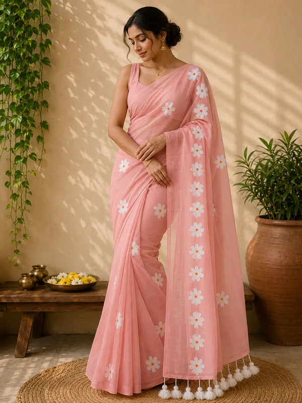 Pastel_Peach_Mul_Cotton_Floral_Embroidered_Tassel_Saree_For_Women