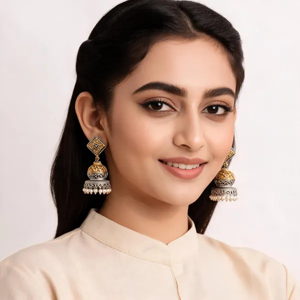 Piyali_Dual_Tone_German_Silver_Antique_Jhumka_For_Women