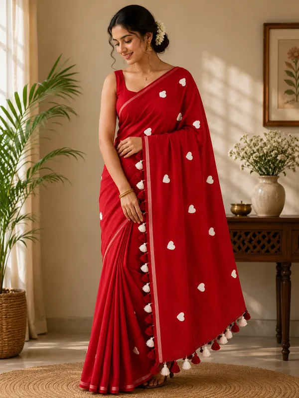Red_White_Mulcotton_Heart_Embroidered_Tassel_Saree_For_Women