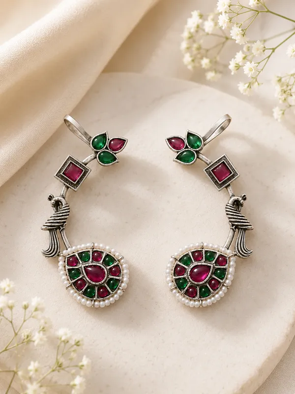 Maur_Monalisa_Red,_Green_German_Silver_EarCuff_For_Women