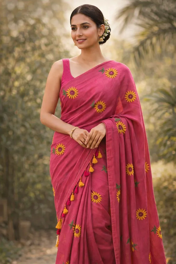 Dark_Pink_Mul_Cotton_Sunflower_Embroidered_Tassel_Saree_For_Women
