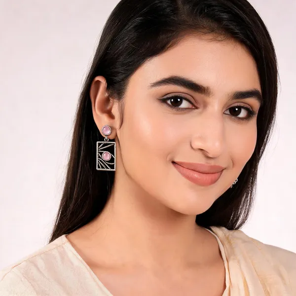 Malay_Pink_German_Silver_Pink_Stone_Geometric_Drop_Earrings_For_Women