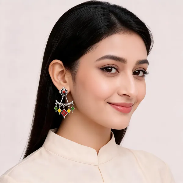 Voila_Red,_Green_Yellow-_Silver_Tribal_Earrings_For_Women