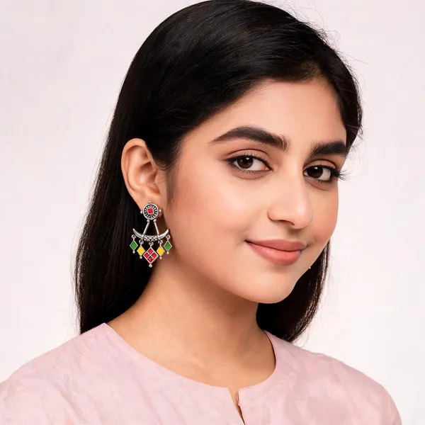 Voila_Red,_Green_Yellow-_Silver_Tribal_Earrings_For_Women