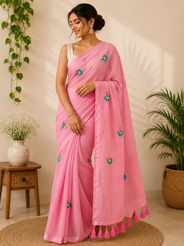 Light_Pink_Mul_Cotton_Embroidered_Tassel_Saree_For_Women