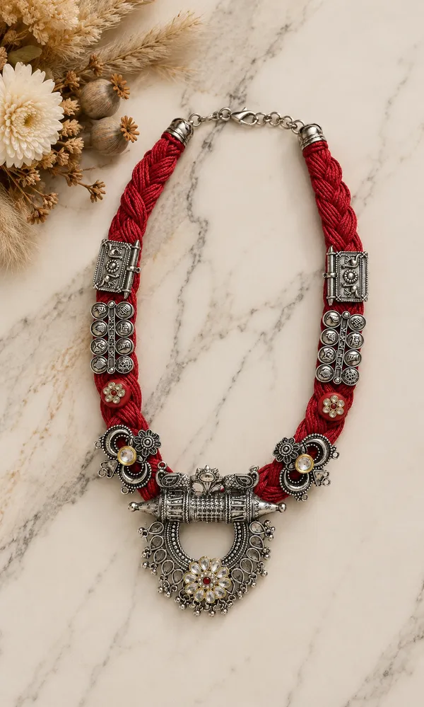 Amira_-_Red_Boho_Jute_Necklace_with_Oxidised_Metal_Motifs
