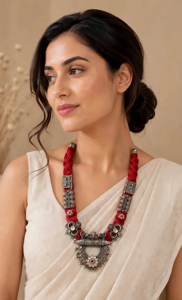 Amira_-_Red_Boho_Jute_Necklace_with_Oxidised_Metal_Motifs