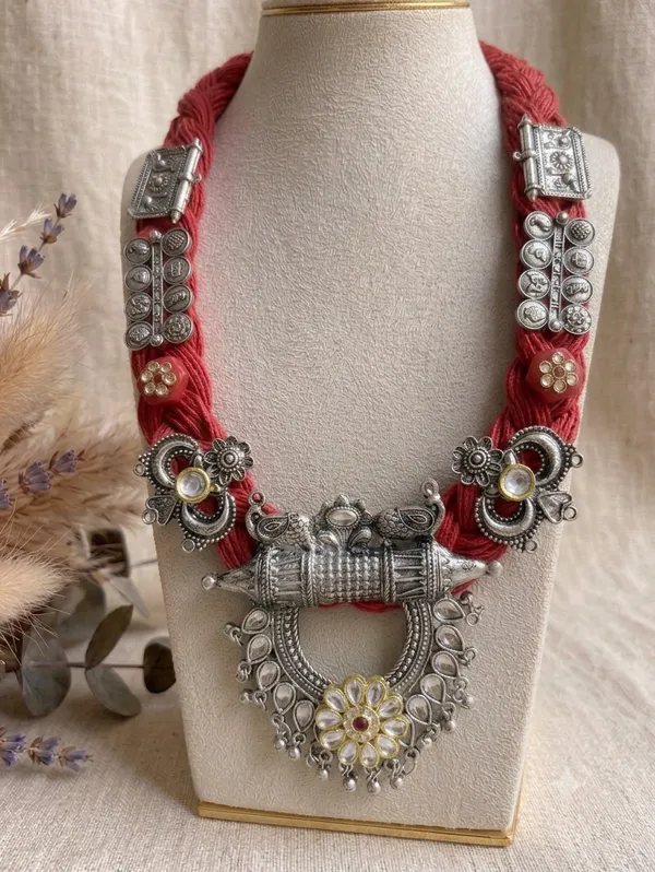 Amira_-_Red_Boho_Jute_Necklace_with_Oxidised_Metal_Motifs