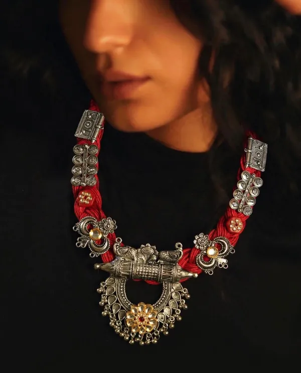 Amira_-_Red_Boho_Jute_Necklace_with_Oxidised_Metal_Motifs