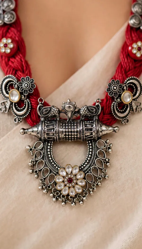 Amira_-_Red_Boho_Jute_Necklace_with_Oxidised_Metal_Motifs