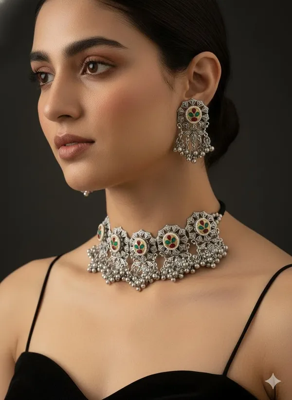 Oxidised_Silver_Choker_Necklace_Set_With_Earrings