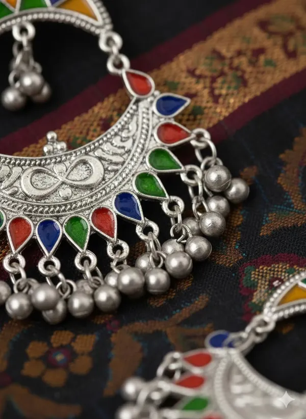 Oxidised_Silver_Jhumka_Earrings_With_Enamel_Work