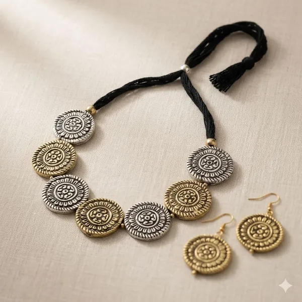 Oxidised_Coin_Disc_Necklace_Set_With_Earrings