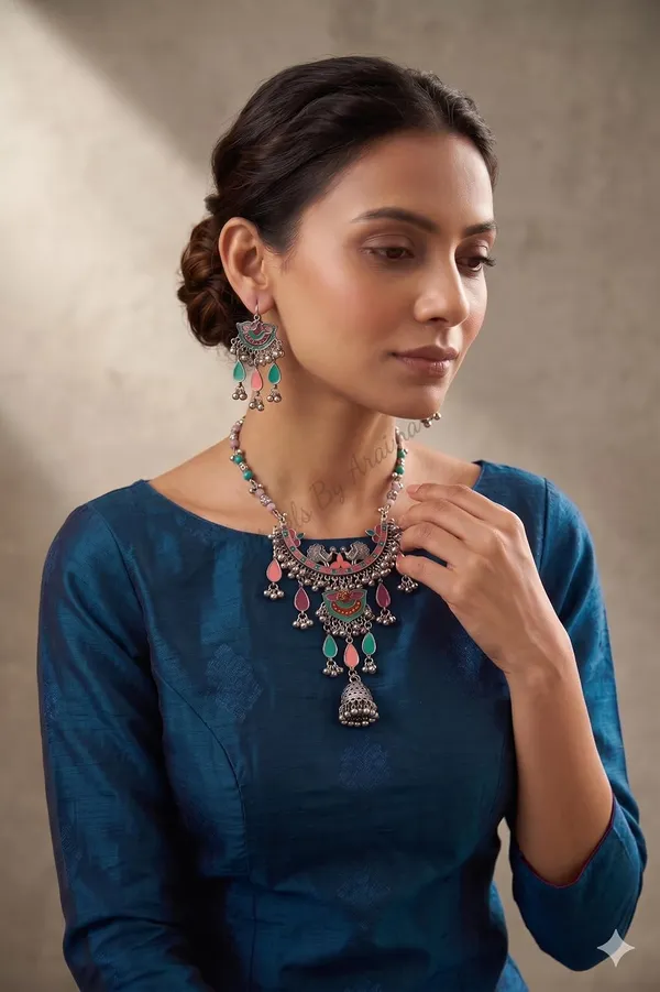 Oxidised_Peacock_Necklace_And_Jhumka_Earrings_Set