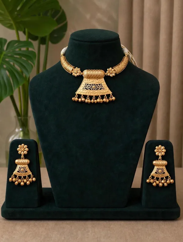 Golden_Floral_Brass_Choker_Set_with_Earrings