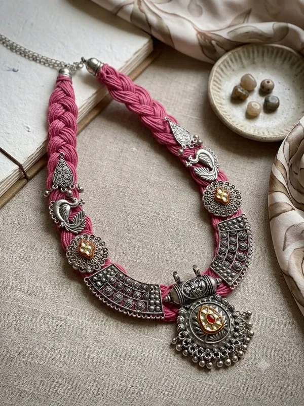 JEWELS_BY_ARAINA_Pink_Braided_jute_Necklace
