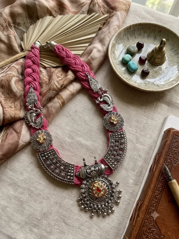JEWELS_BY_ARAINA_Pink_Braided_jute_Necklace