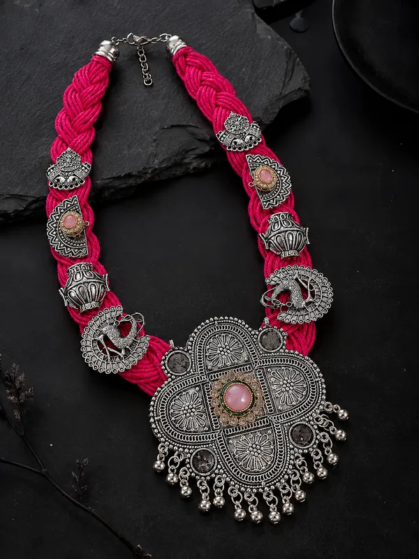 Jute_Braided_Rope_Necklace_with_Oxidised_Silver_Pendant,_Pink