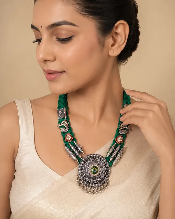 Jute_Oxidised_Silver_Finish_Green_Braided_Thread_Necklace