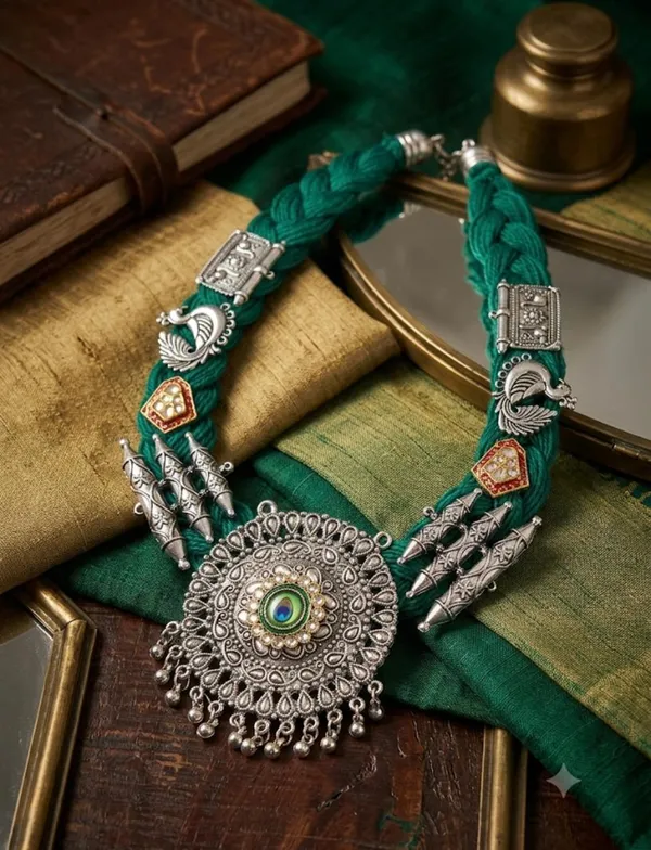 Jute_Oxidised_Silver_Finish_Green_Braided_Thread_Necklace