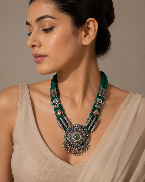 Jute_Oxidised_Silver_Finish_Green_Braided_Thread_Necklace