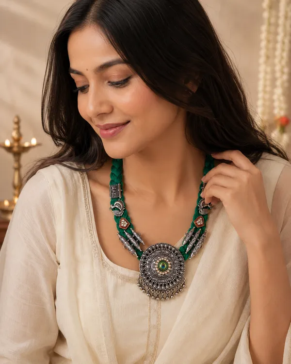 Jute_Oxidised_Silver_Finish_Green_Braided_Thread_Necklace
