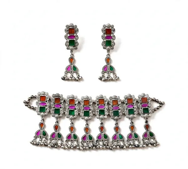 Oxidised_Meena_Choker_Necklace_Set_and_Earrings