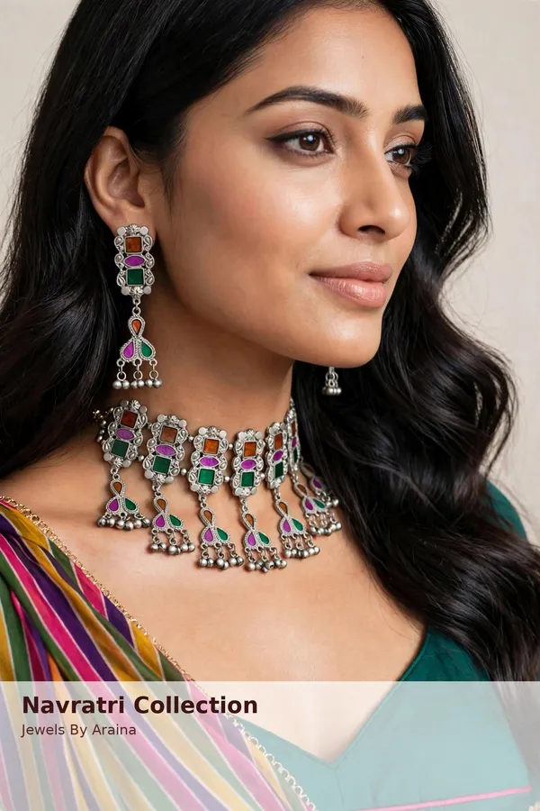 Oxidised_Meena_Choker_Necklace_Set_and_Earrings
