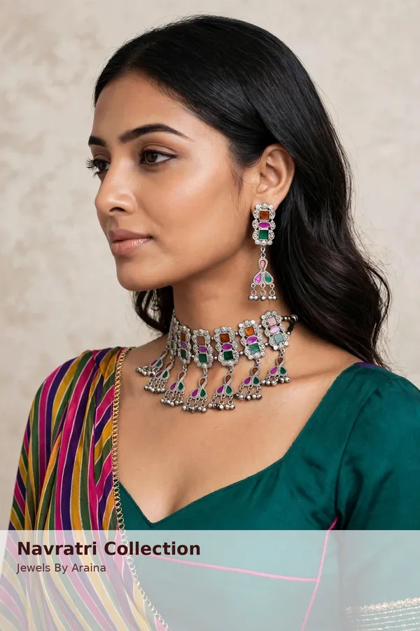 Oxidised_Meena_Choker_Necklace_Set_and_Earrings