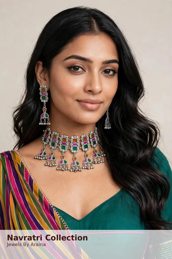 Oxidised_Meena_Choker_Necklace_Set_and_Earrings