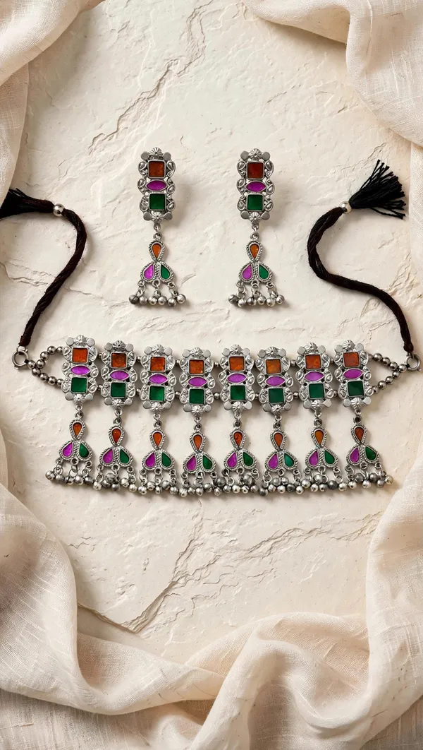 Oxidised_Meena_Choker_Necklace_Set_and_Earrings