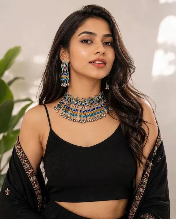 Oxidised_Meena_Choker_Necklace_with_Earrings_Multicolour