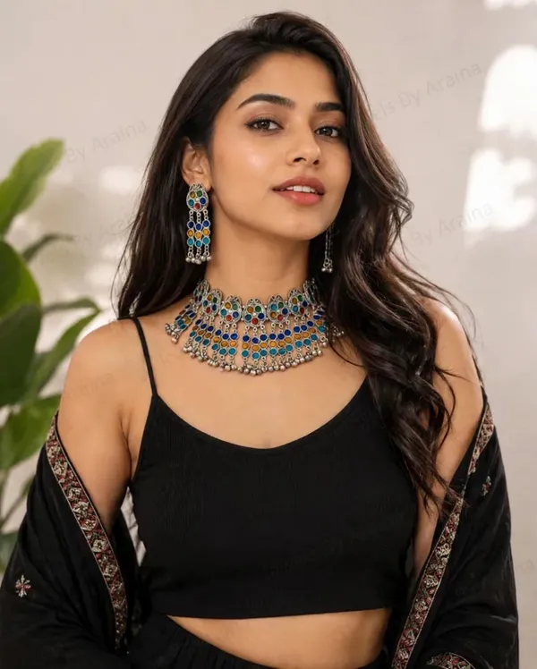 Oxidised_Meena_Choker_Necklace_with_Earrings_Multicolour