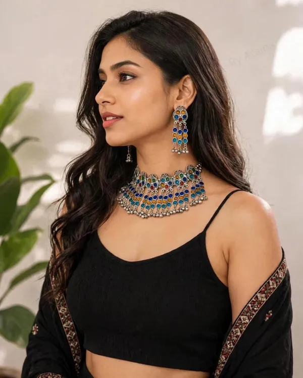 Oxidised_Meena_Choker_Necklace_with_Earrings_Multicolour