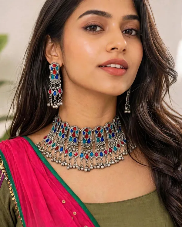Oxidised_Meena_Choker_Necklace_with_Earrings_(Red_and_Blue)