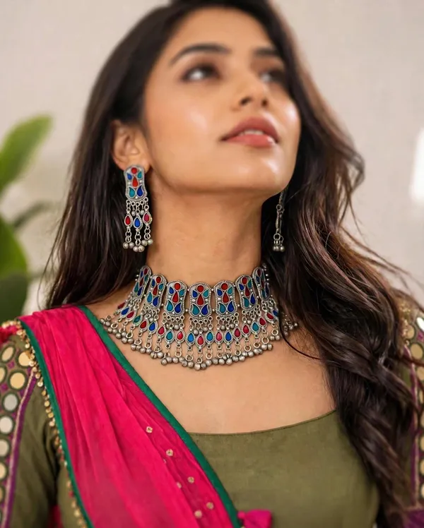 Oxidised_Meena_Choker_Necklace_with_Earrings_(Red_and_Blue)